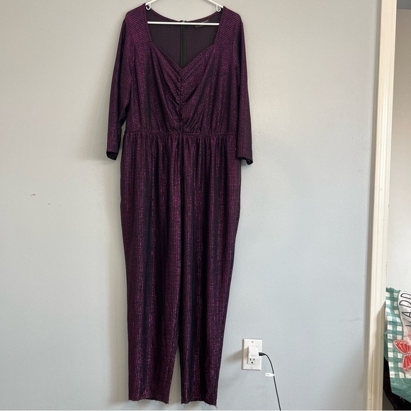 LANE BRYANT SHIMMER PURPLE 3/4 SLEEVE FRONT RUCHED V-NECK JUMPSUIT SZ 18/20 - Picture 3 of 12